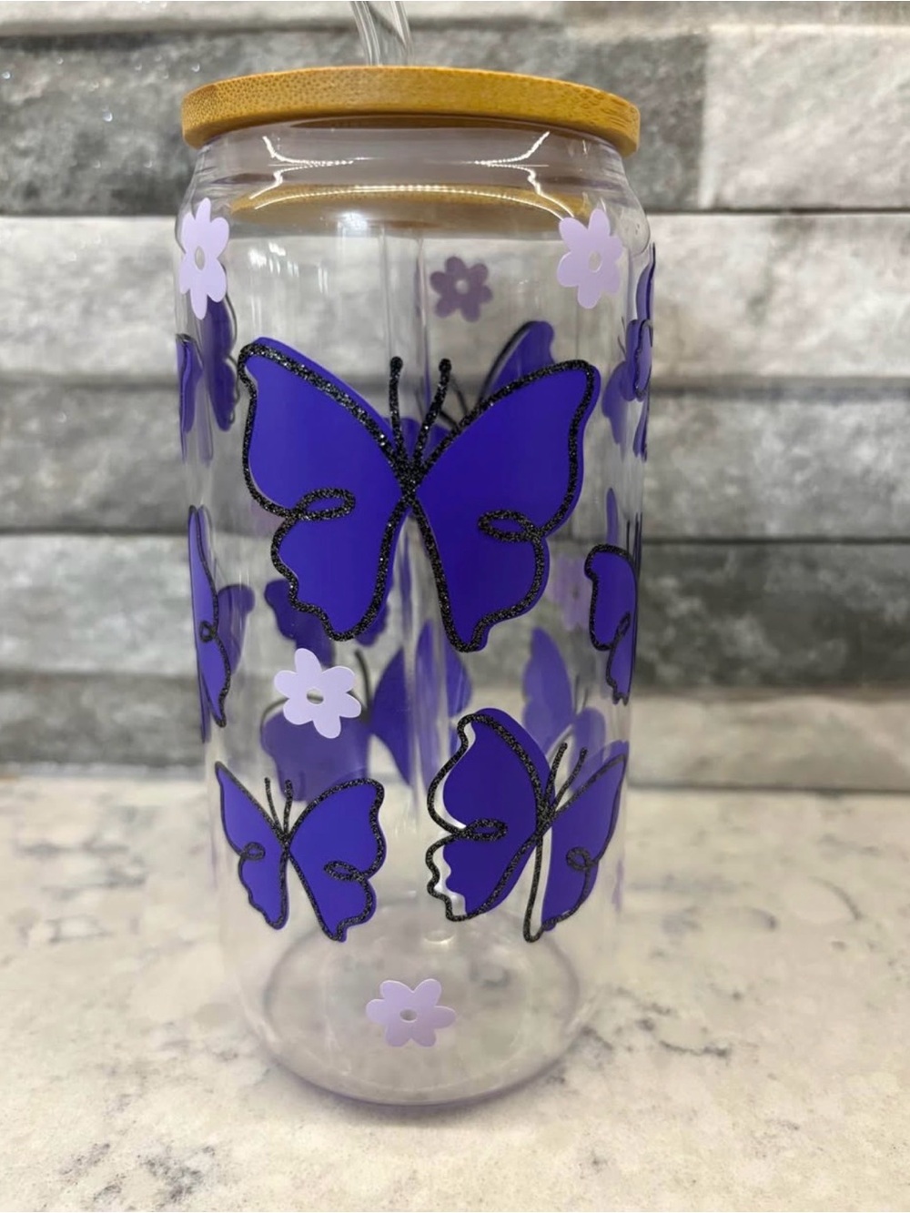 Purple Butterfly Tumbler | 24 oz Acrylic Cup with Lid & Straw | Cute Floral